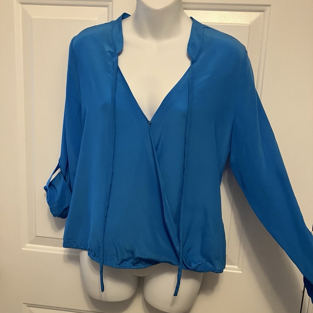 Bebe 100% Silk Women's Y2K Size Small Turquoise Blue Faux Wrap Shirt Top